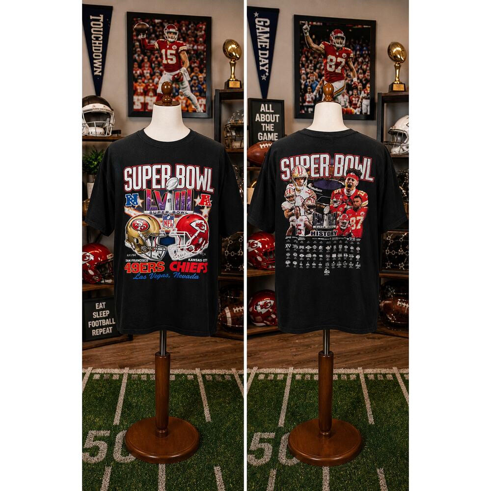 Super Bowl LVIII 2024 49ers vs Chiefs Tee History Back 2XL NFL